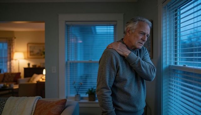 Contemplative older man standing by window rubbing shoulder and gazing through blinds at dusk