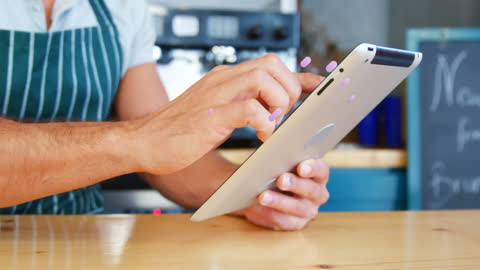 Cafe Owner Using Tablet with Animated Digital Elements