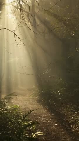 Sunbeams Streaming Through Mist Along Woodland Path with Ferns — Vertical Morning Forest