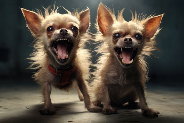 Small two chihuahua angry dogs on blurred background created using generative ai technology. Animals, pets and nature concept digitally generated image.