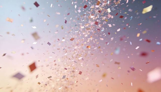 Metallic confetti spiral filling pastel sky with reflective foil squares and soft bokeh