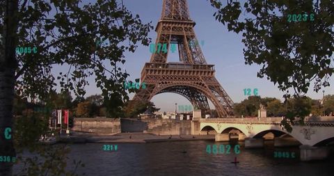 Eiffel Tower Overlooking Seine with Money Symbols Overlay