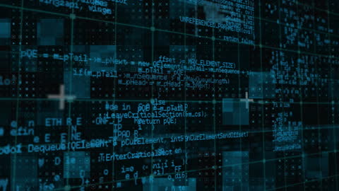 Digital Code Animation with Blue Squares on Screen