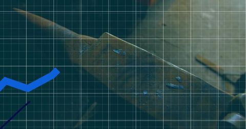 Worn tapered drill bit rotating with grid overlay and blue chart lines industrial macro