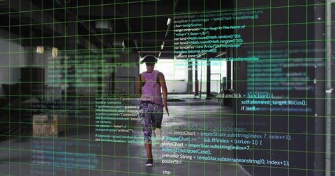 Urban Tech Run: Woman Walking Through Abandoned Warehouse with Digital Grid Overlay