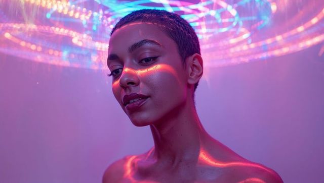 Neon portrait of short-haired model posing with led ring light reflections on luminous skin