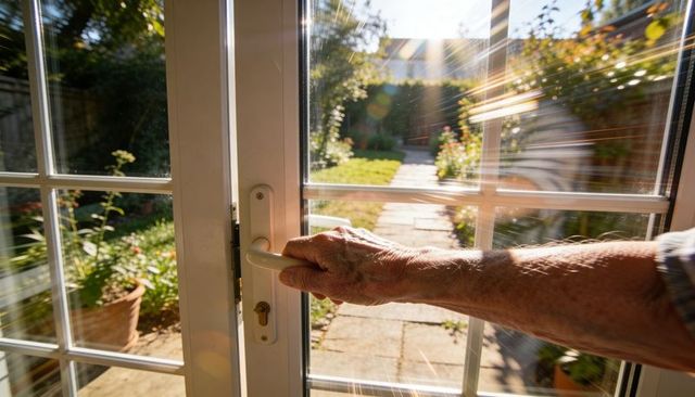 Senior hand opening french door into sunlit garden patio, elderly enjoying outdoor freedom