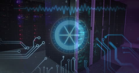 Neon Scanner Overlay on Computer Server Room with Circuit Design