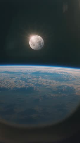 Drifting camera showing Moon over Earth's blue limb from spacecraft window vertical video