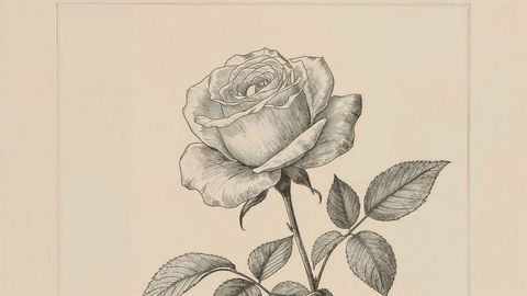 Intricate botanical illustration of single rose drawing in fine line art