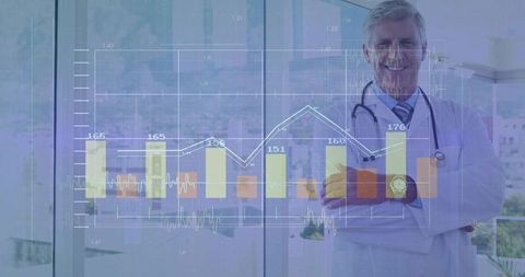 Senior physician standing with arms crossed showing overlaid medical charts and analytics