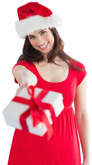 Merry Woman in Santa Hat Offering Gift on Transparent Background - Download Free Stock Videos Pikwizard.com