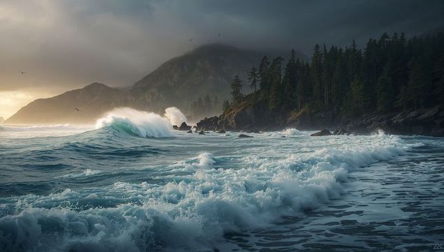 Dramatic Ocean Waves Crashing Against Rocky Shoreline at Dusk