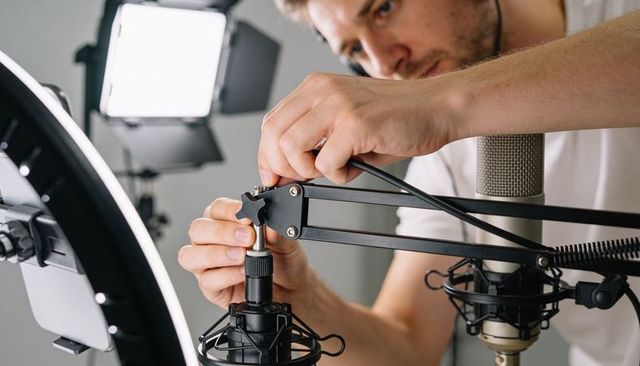 Creator adjusting condenser microphone on boom arm for podcast recording with ring light
