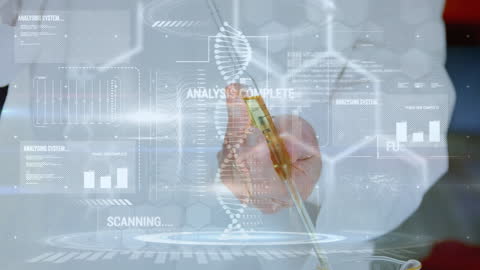 Abstract Digital Overlay of DNA and Scientist Analyzing Data