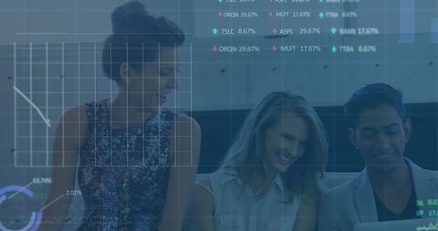 Digital Interface with Diverse Professionals Collaborating in Modern Office