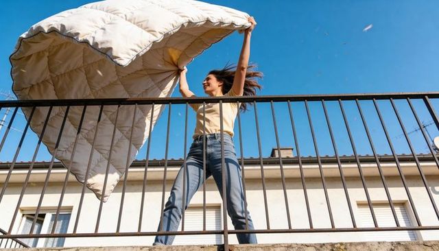 Young woman lifting billowing white duvet on sunny balcony, wind blowing, joyful moment