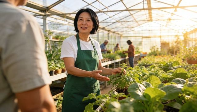 Asian woman gardening in sunlit greenhouse teaching plant care with seedlings