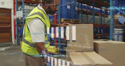 Warehouse worker scanning boxes with augmented reality inventory overlay barcode scanning