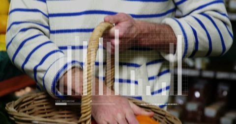 Hands Placing Orange in Basket with Data Hologram Overlay
