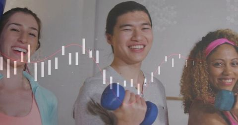 Smiling group lifting dumbbells with fitness data overlay showing analytics and energy