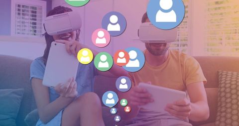 Couple Using VR Headsets with Social Media Icons Overlay