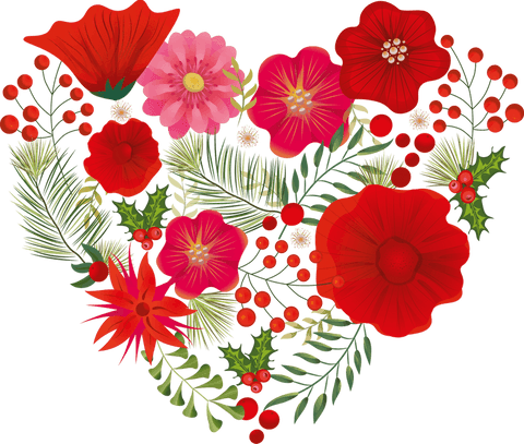 Heart-shaped floral arrangement with red poppies on transparent background