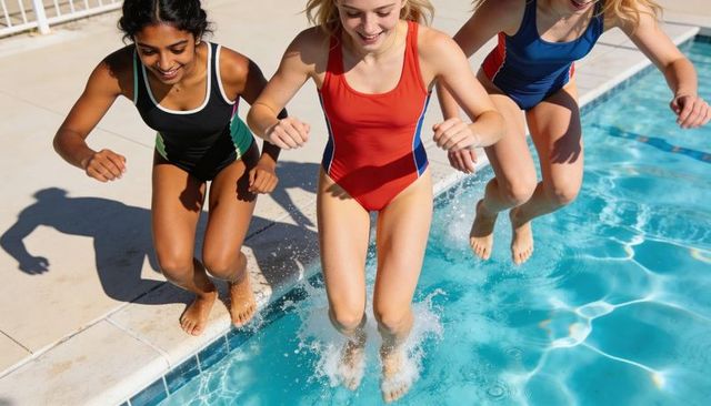 Sunlit teen friends jumping into pool splashing in colorful one-piece swimwear
