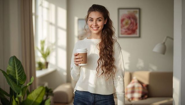 Smiling woman holding takeaway coffee in bright cozy living room with plants and plaid cushion
