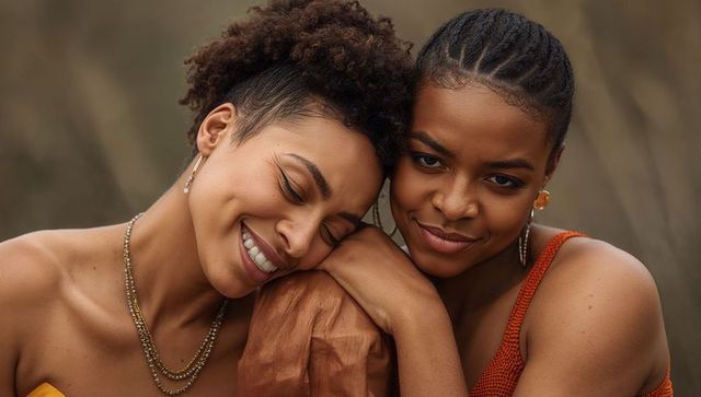 Leaning heads together smiling friends wearing rust knit tank and layered gold necklaces