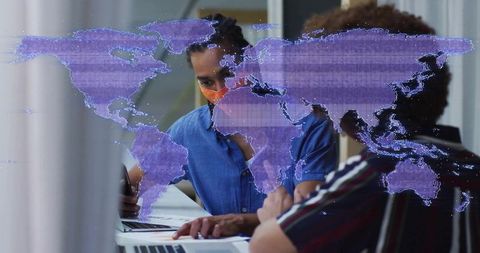 Men Collaborating Virtually with Digital World Map Overlay