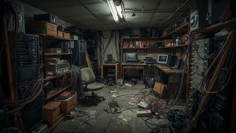 Vintage technology basement lab with crt monitors and server racks
