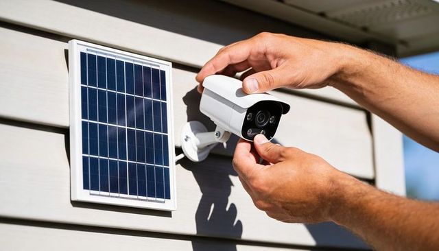 Installing solar-powered security camera on siding with technician adjusting angle