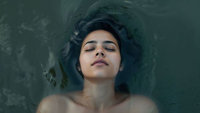 Serene woman floating on dark green water, tranquil portrait of solitude and calm