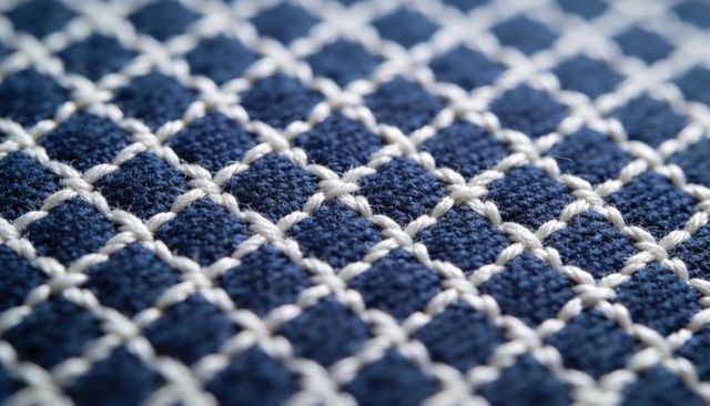 Navy Diamond Tufted Fabric Displaying White Braided Thread and Yarn Texture Macro