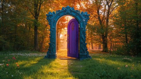 Ornate Blue Archway with Purple Door in Enchanted Autumn Forest