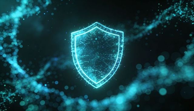 Glowing Holographic Shield Protecting Digital Network with Particle Streams and Bokeh Teal