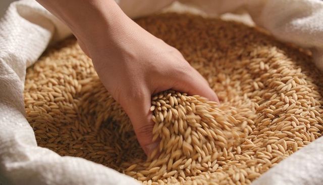 Hand scooping golden whole grains from bulk sack harvest grain texture and warmth