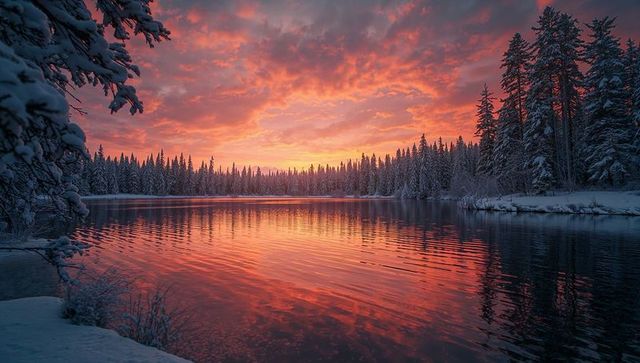 Vibrant Winter Sunset over Serene Forest Lake