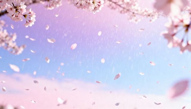 Drifting cherry blossom petals in pastel spring rain