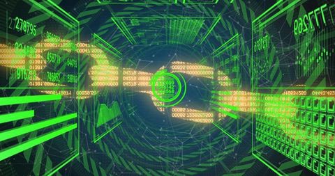 Neon Green Cyber Tunnel with Central HUD Reticle and Orange Data Streams
