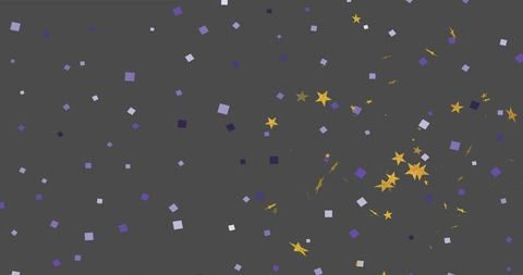 Vibrant Confetti Pattern with Purple Squares and Yellow Stars