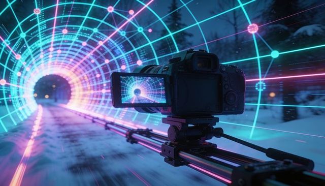 Dslr filming neon tunnel on motorized slider through snowy forest night for futuristic cinematic