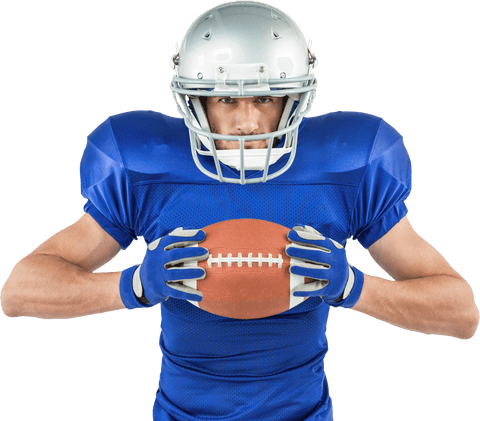 Transparent football player gripping ball with intensity