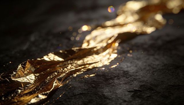 Flowing gold foil ribbon gleaming on dark slate texture with sparkling specular highlights