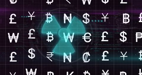 Glowing Radiation Symbol Amidst Currency Grid with Cyber Elements