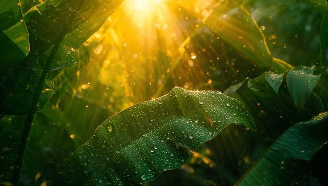 Tropical Leaves with Glimmering Water Droplets and Sunlight