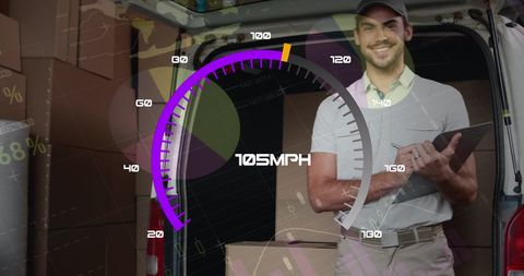 Digital interface concept with delivery man and speedometer graphic