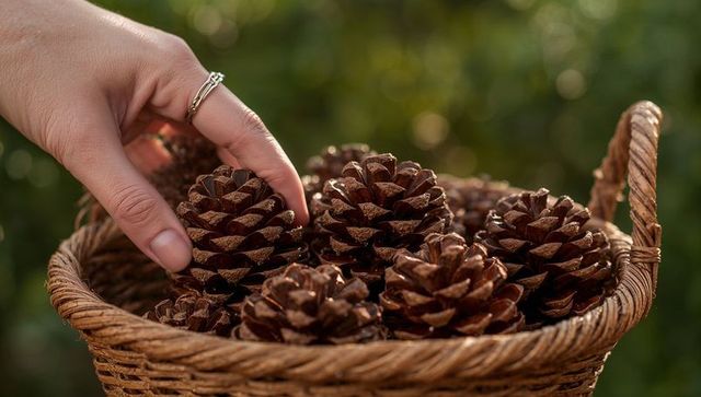 Reaching ringed hand picking pine cone from wicker basket with sunlit bokeh