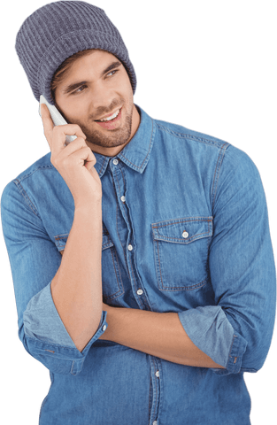 Fashionable Hipster in Denim Talking on Mobile in Transparent Background
